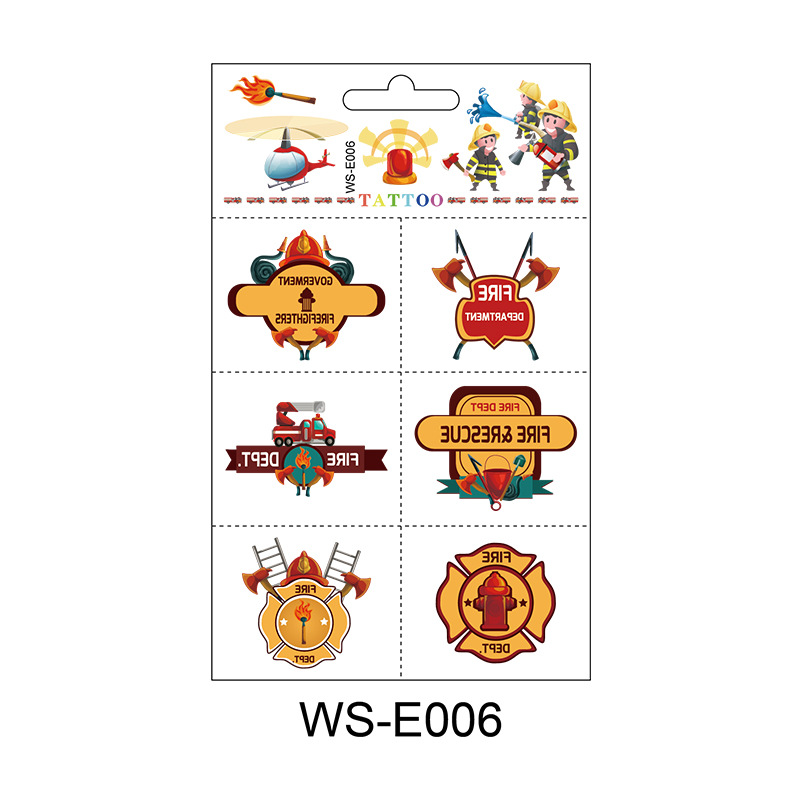 Pegatinas de tatuajes de camiones de bomberos, dibujos animados originales para niños, coche de bomberos, extintor de incendios, pegatinas promocionales de animales de granja.