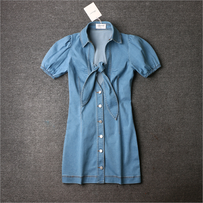 Vestido jeans estilo celebridade francês retrô bolha manga curta slim ins saia de férias para mulheres