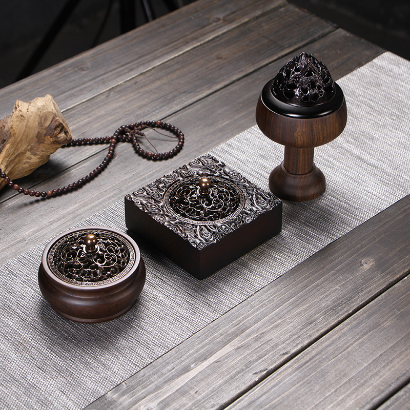 Factory wholesale ebony wood handicrafts, incense burners with fireproof cotton incense holders, solid wood carved incense burners