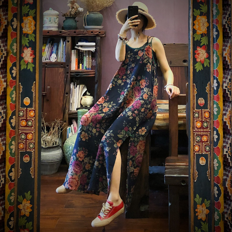 Lightly Customized Nostalgic Old Flower Cloth Loose Dress Travel Wear National Style Literary Suspender 1620 Lightly Customized Nostalgic Old Flower Cloth Loose Dress Travel Wear National Style Literary Suspender 1620