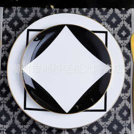 欧式样板间餐具摆件套装黑色几何摆盘轻奢西餐盘牛排盘会所摆台