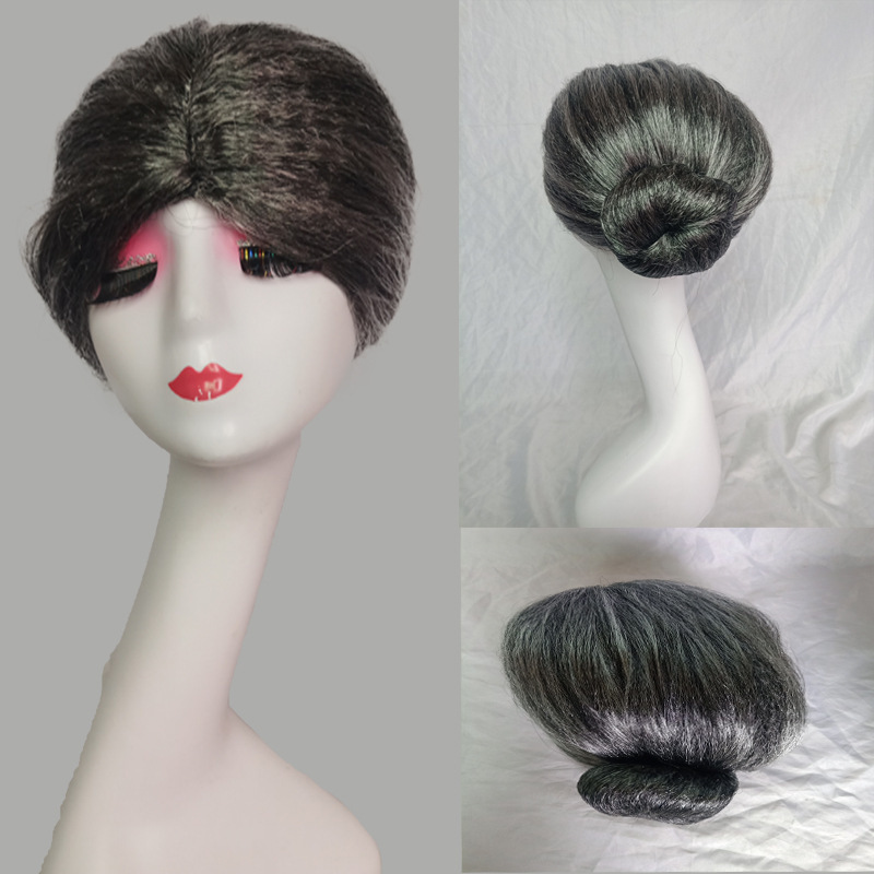 Old Lady Wig Halloween Costume Hairpiece Stage Prop Gray-White Granny Short Hair with Side Bangs