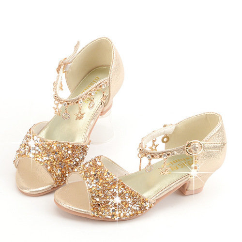 Summer new Korean style girls' high-heeled shoes for students, middle-aged and small children, fish-mouth sandals, silver sequined performance leather shoes