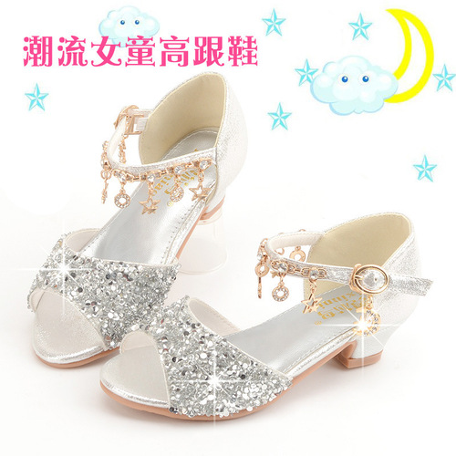 Summer new Korean style girls' high-heeled shoes for students, middle-aged and small children, fish-mouth sandals, silver sequined performance leather shoes