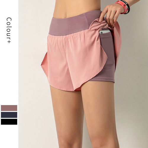 Foreign trade large size fake two-piece quick-drying shorts for girls running fitness pants pocket anti-exposure pants loose sports shorts