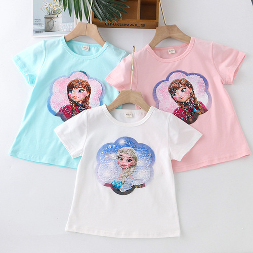 Girls color-changing sequined T-shirt little girl short-sleeved top summer new Korean style half-sleeved cotton