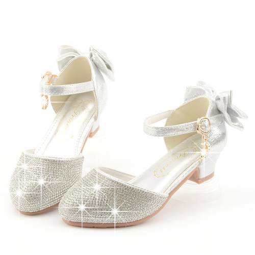 Girls baby heel bow crystal shoes Korean style spring new children's high heels silver performance leather shoes trendy