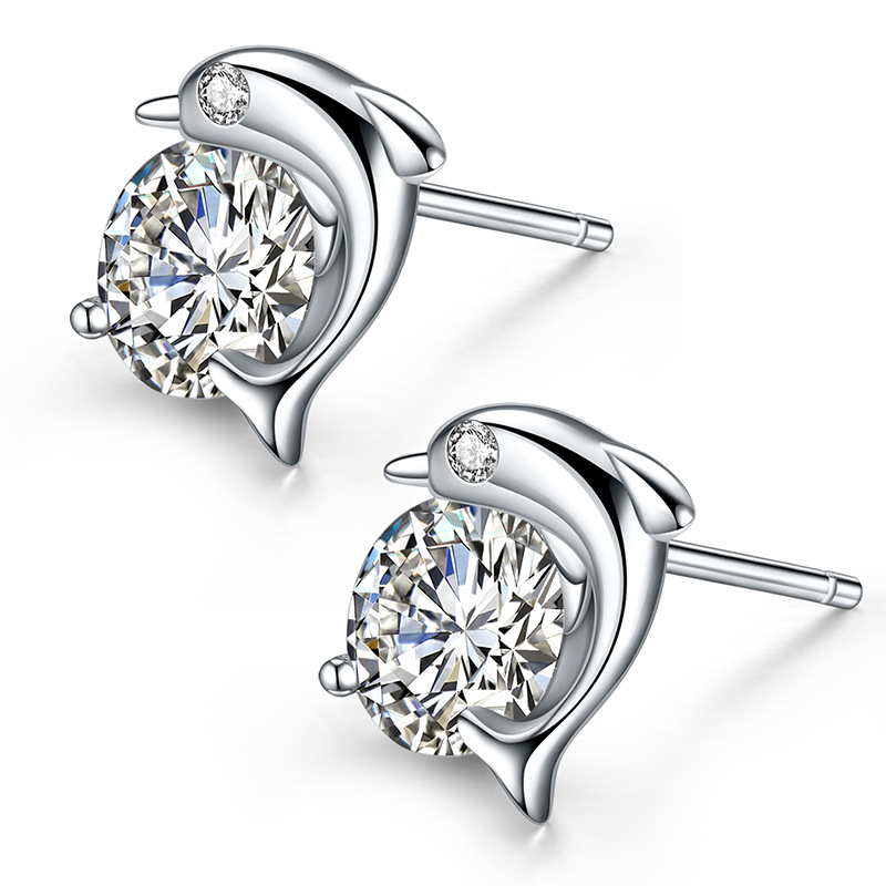 S925 plata esterlina romántico delfín Stud pendientes de Corea mujeres de la moda de plata esterlina incrustaciones de piedras preciosas Nueva joyería de plata temperamento simple