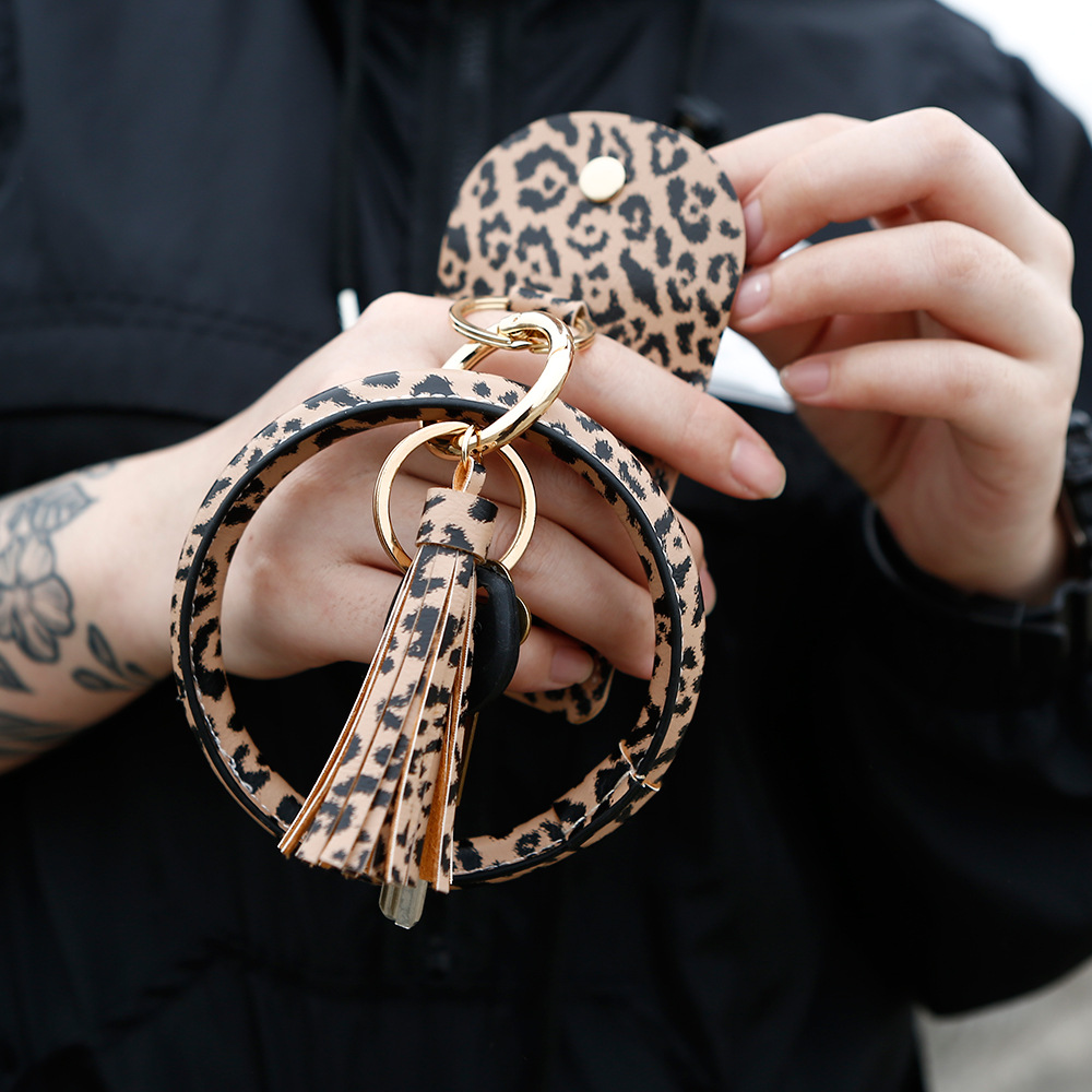 European and American Cross-border Bracelet Keychain Animal Print Leopard PU Leather Tassel Coin Purse Card Case Wrist Pendant