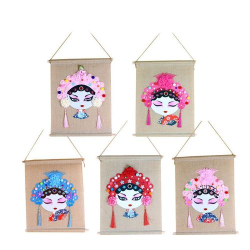 Kindergarten venue layout hanging paintings Chinese quintessence Peking Opera fabric arts and crafts linen floor hangings murals Chinese style