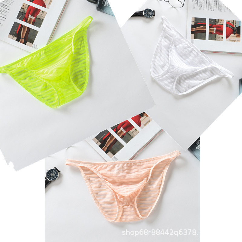 New Men's triangle underwear U convex design stripe mesh semi-transparent mesh men's small triangle rope shorts Ice Silk style