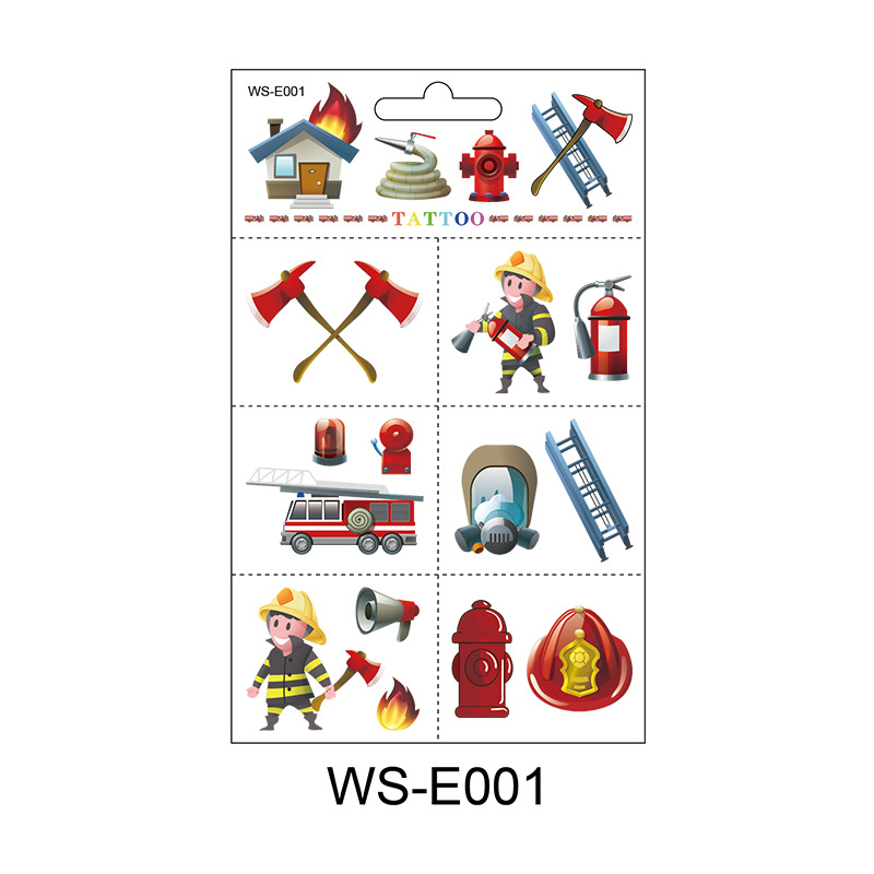 Pegatinas de tatuajes de camiones de bomberos, dibujos animados originales para niños, coche de bomberos, extintor de incendios, pegatinas promocionales de animales de granja.