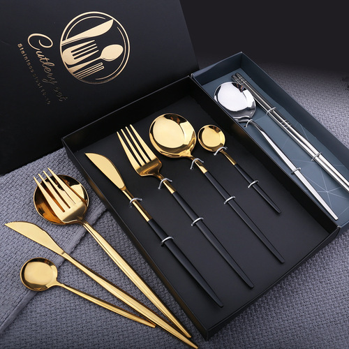 A Glossy Portuguese knife, fork, spoon and chopsticks four-piece gift box set, stainless steel Western tableware, steak knife and fork