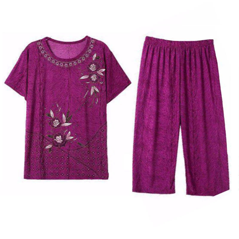 Summer set for elderly, silk trousers, for middle age, plus size