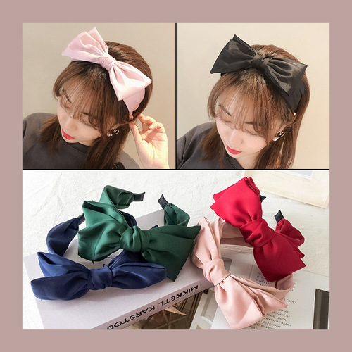 Korean hair accessories, simple and fashionable double-layer large bow headband, wide-brimmed hairpin, Korean style satin fabric headdress for women