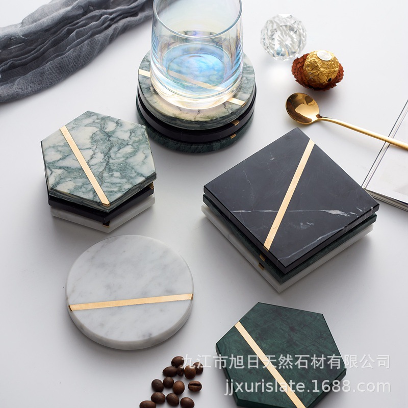 厂家批发多边形黑白绿大理石镶嵌铜条杯垫珠宝饰品垫拍摄道具摆件