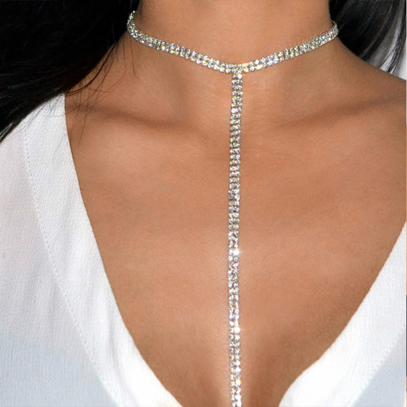 Europeo y americano de una sola capa de doble capa en forma de T collar de diamantes de imitación de las mujeres de comercio exterior Venta caliente de joyas de diamantes completos entrega transfronteriza accesorios sexy