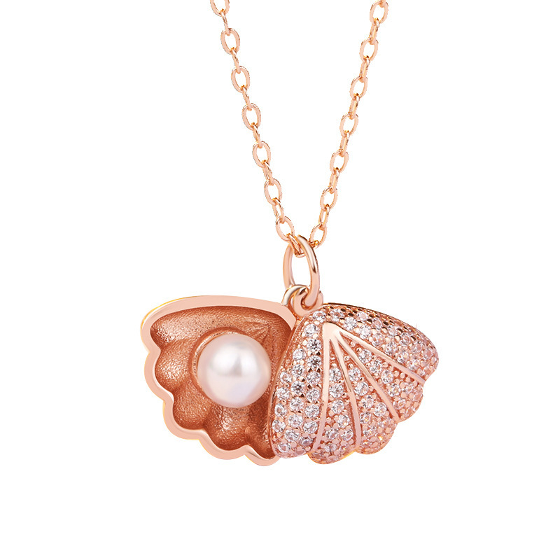 S925 plata esterlina collar de concha Cadena de clavícula femenina elegante en forma de abanico perla Concha colgante Pequeño Libro Rojo mismo estilo al por mayor