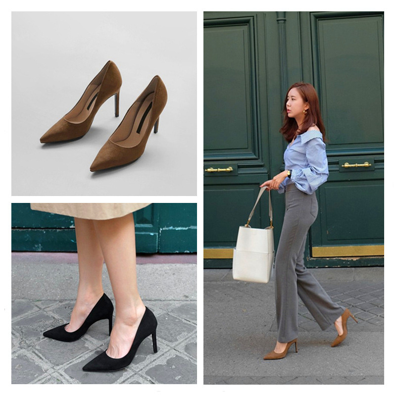 New High-Heeled Shoes, Stiletto Heels, Pointed Toes, Shallow Mouth Suede Professional Black Work Shoes, Interview Mid-Heeled Shoes for All Seasons