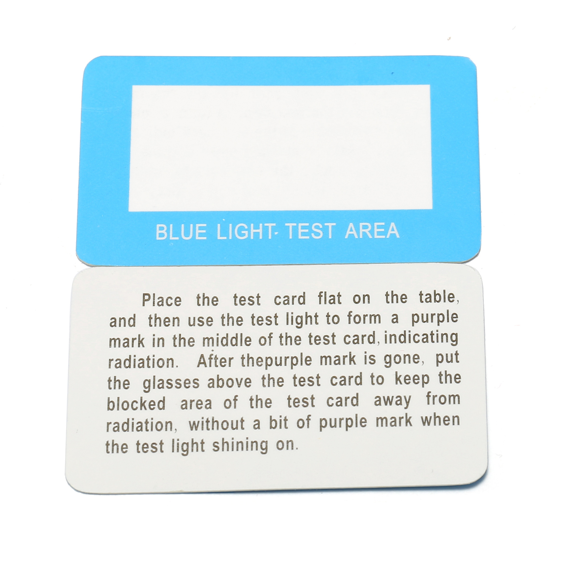 Venta caliente anti-tarjeta de prueba de luz azul lámpara de prueba en stock al por mayor versión china e inglesa lente de PVC Detección de intensidad de luz azul