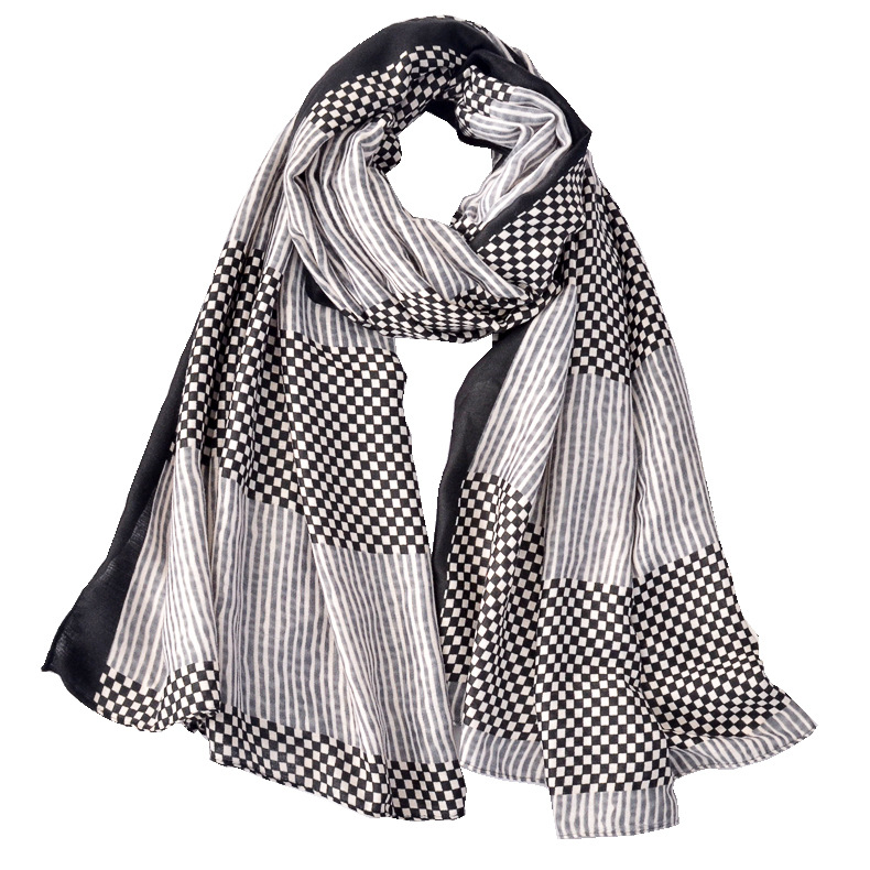 2020 primavera y otoño nuevo estilo occidental todo-fósforo bufanda de seda gasa sarga algodón pequeño Plaid rayas algodón y lino bufanda protector solar chal