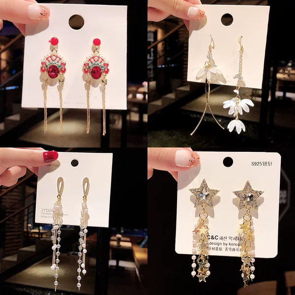 South Korea Dongdaemun earrings 925 silver pin earrings European and American exaggerated retro Pearl earrings women's tassel long earrings