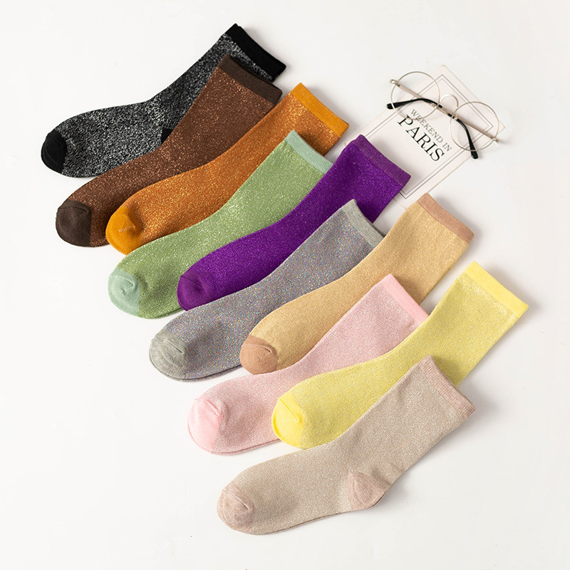 In-Stock Spring/Summer Mid-Calf Women's Socks, Japanese-Style Cotton Socks, Thin Gold and Silver Thread Socks, Women's Retro Short Boot Socks