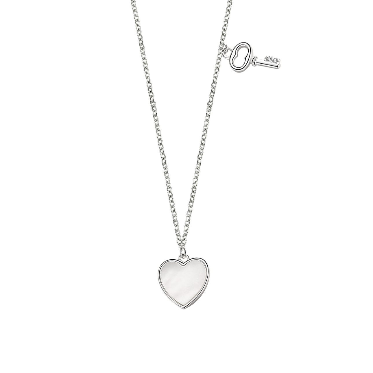 S925 plata esterlina blanco Shell amor llave corazón cerradura collar de doble capa dulce temperamento fresco collar de cadena de clavícula