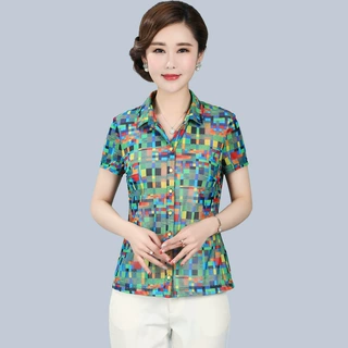 竹语声夏装中老年女装短袖小衫大码上衣40岁妈妈穿的衬衫清新透气