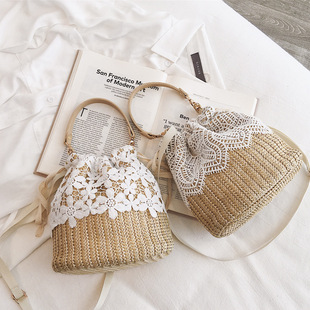 Beach handheld purse, straw shoulder bag, lace dress