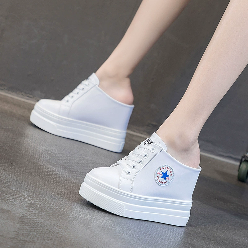 Полушапочки из натуральной кожи, Женская сетчатая инфракрасная одежда, белые туфли Baotou без каблука, ленивые, 11 см, внутренняя высота, на толстой подошве