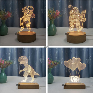 New solid wood 3D night light creative LED colorful gift light USB monochrome touch bedroom acrylic small table lamp