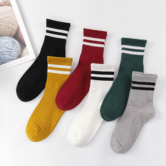 Autumn and winter two-bar socks women's mid-calf socks solid color fashion striped sports socks for women long cotton socks wholesale dropshipping