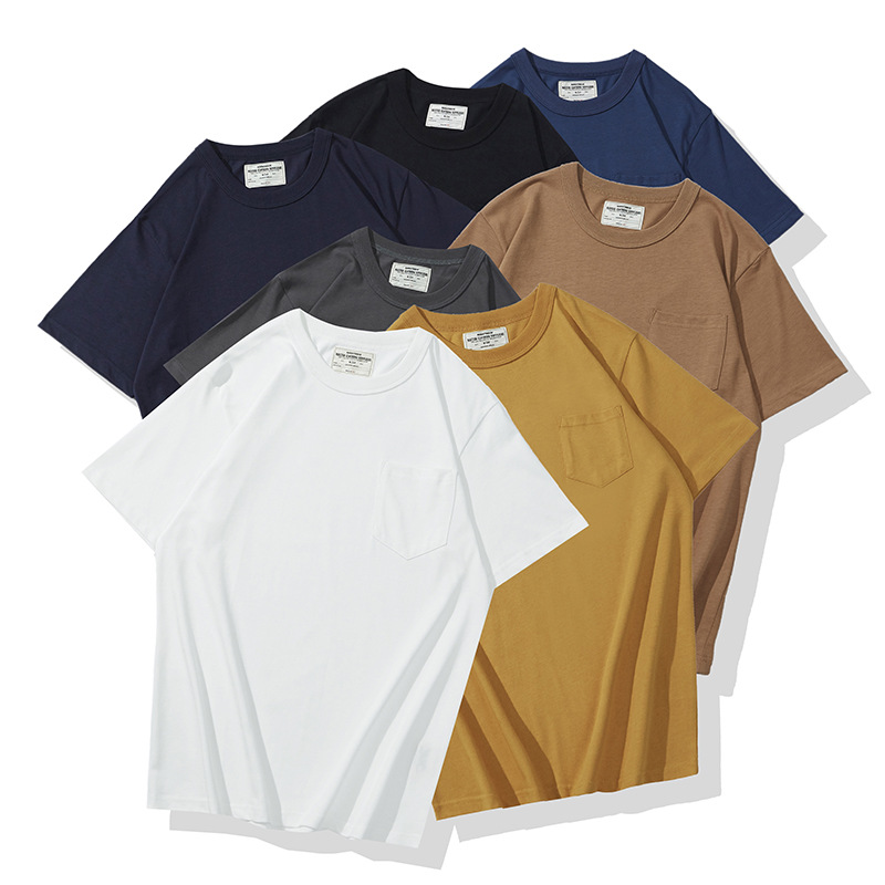 OKONKWO 230G Camiseta de algodón de verano tejido liso color sólido manga corta cuello redondo básico Bolsillo pequeño camiseta