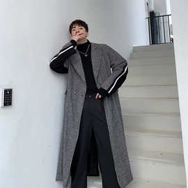 ins韩国风过膝长款毛呢外套男西装领双排扣千鸟格呢子大衣外套潮