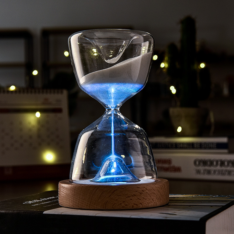 Directo de fábrica vidrio reloj de arena temporizador luminoso control remoto 15 minutos dormir luz creativa decoración reloj de arena luz de la noche