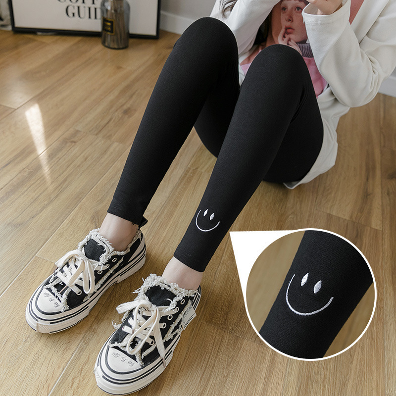Maternity Leggings with Smiley Face Design, New Spring and Autumn Style, Suitable for Wearing Outside, Elastic High-Waisted Belly Support Pants for Pregnant Women from 3-9 Months