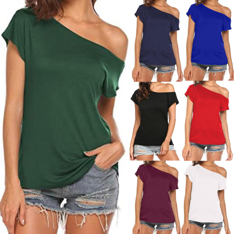 Summer Cross-Border Amazon Aliexpress Slanted Neck Off-Shoulder Irregular Short-Sleeved T-Shirt Women's Casual European and American Style