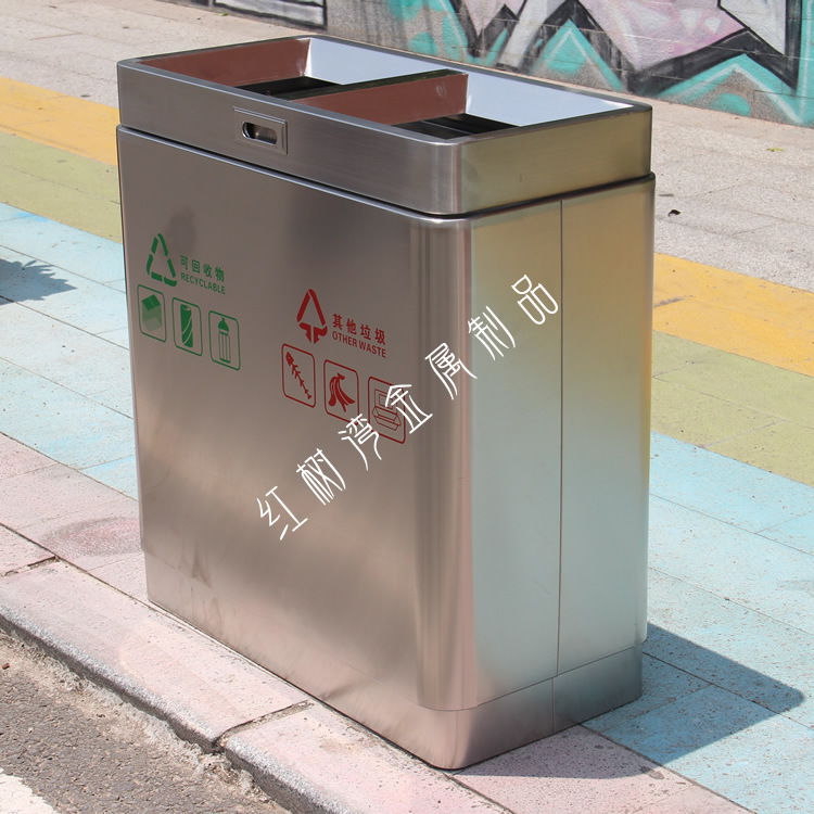 室内商用车站机场商场方形直投口立式连体不锈钢分类垃圾桶回收箱