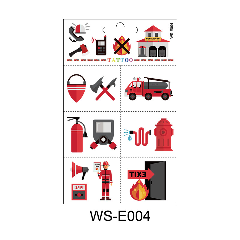Pegatinas de tatuajes de camiones de bomberos, dibujos animados originales para niños, coche de bomberos, extintor de incendios, pegatinas promocionales de animales de granja.