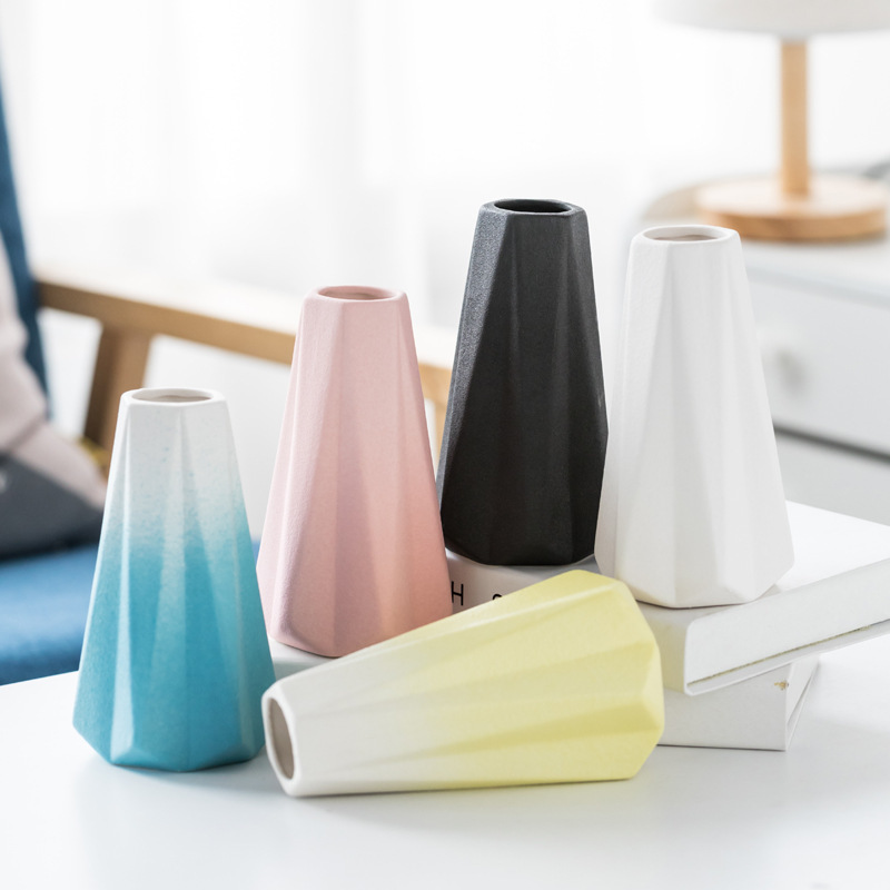 Stoneware Diamond Origami Ceramic Vase Wide Mouth Morandi Simple Modern Living Room TV Cabinet Home Decoration Black Blue
