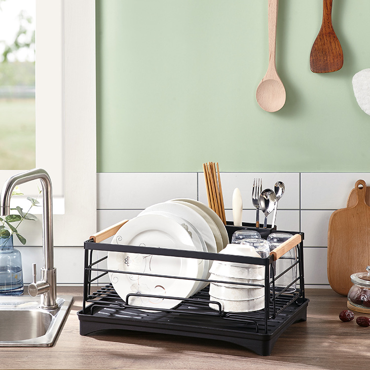 Fábrica de fuente utensilios de cocina de acero inoxidable madera de hayaja platos de fregadero drenaje de acero madera desmontaje almacenamiento platos de almacenamiento