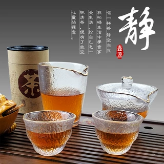 厂家直销鑫源玻璃传统工艺树皮系列透明金边日式功夫茶具配件批发