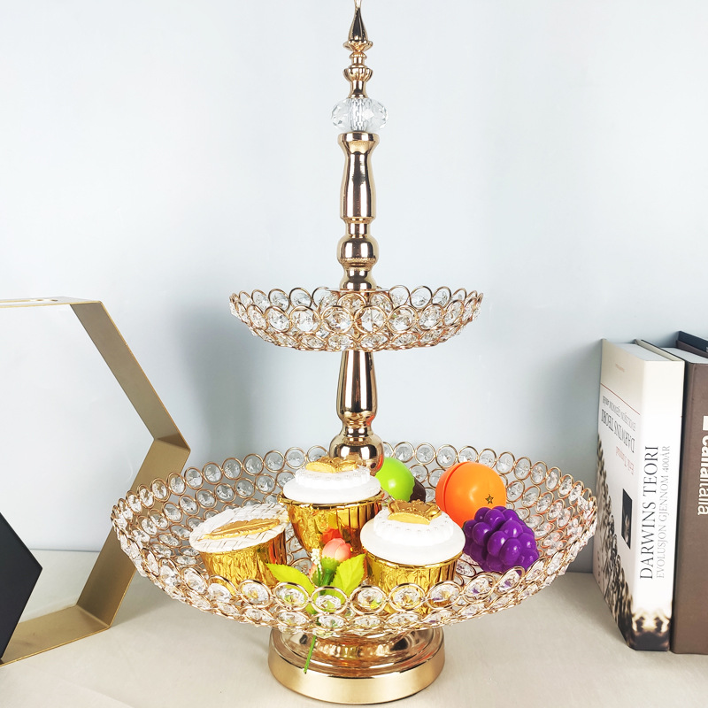 Golden 2 -layer Crystal Fruit Basket European -style iron metal cake…