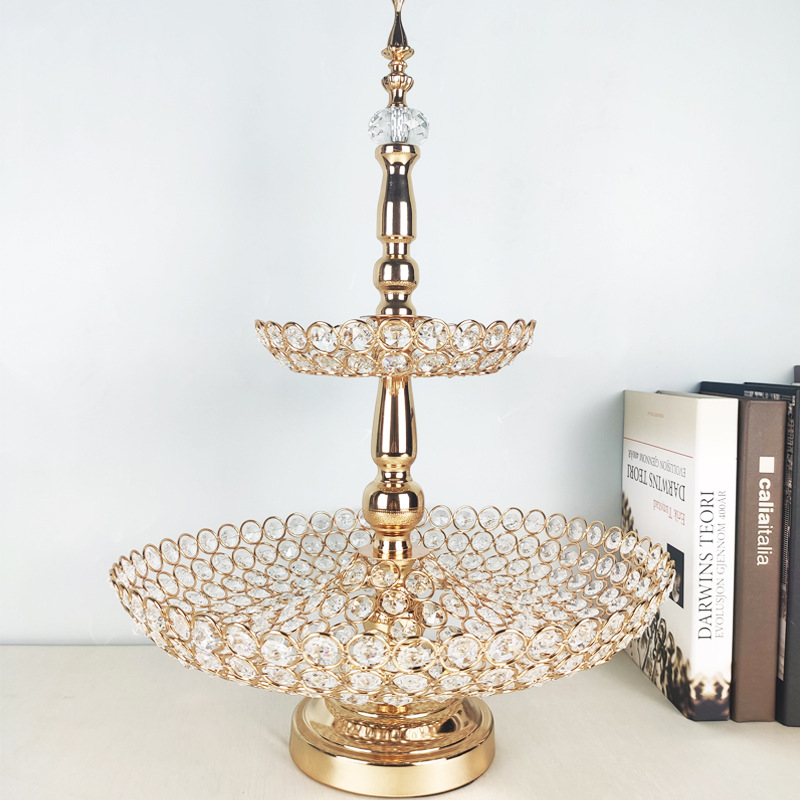 Golden 2 -layer Crystal Fruit Basket European -style iron metal cake…