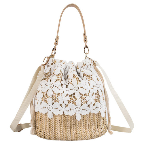  New Vacation Bucket Bag Fairy Rattan Beach Bag Portable Messenger Bag Women's Lace Straw Bag