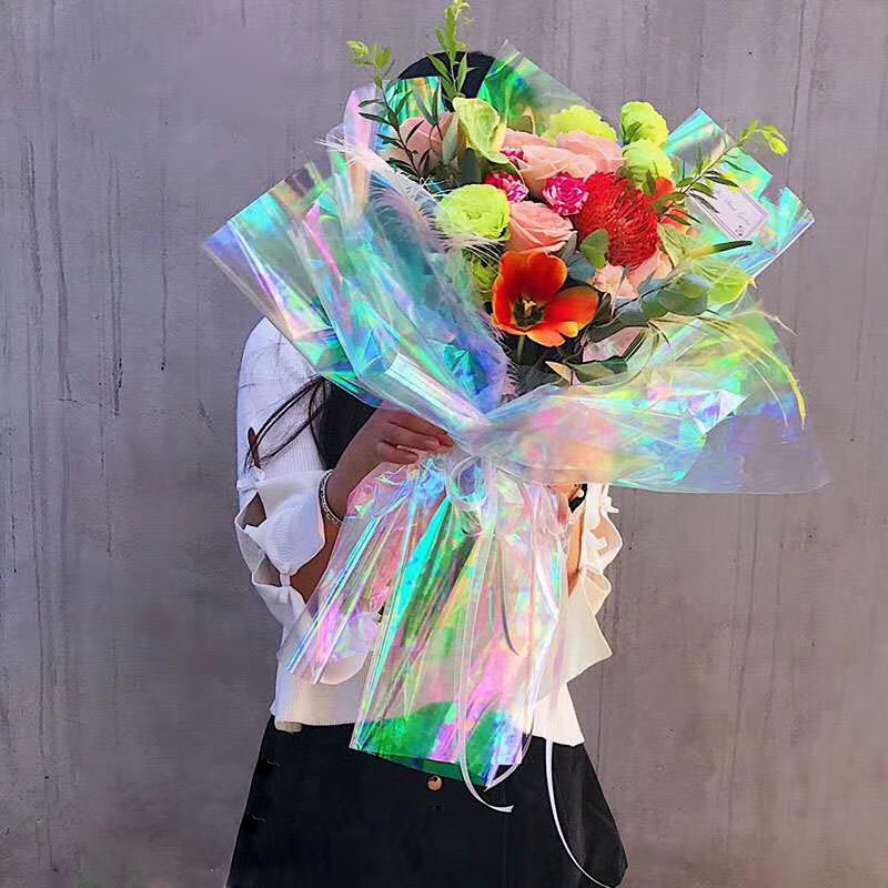 廠家直銷鮮花包裝紙花韓式藝花束材料防水OPP彩虹膜9M卷裝幻彩膜