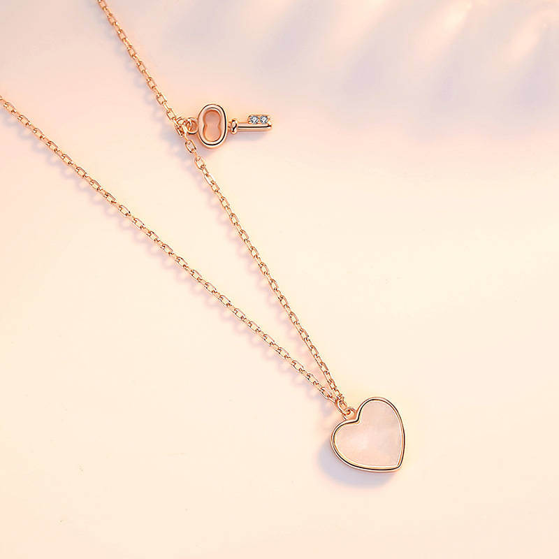 S925 plata esterlina blanco Shell amor llave corazón cerradura collar de doble capa dulce temperamento fresco collar de cadena de clavícula