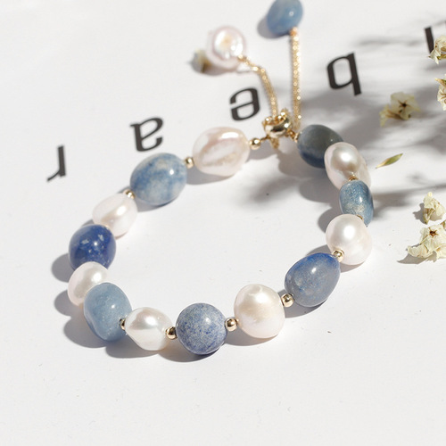 Batu Blue Aventurine Crystal Bracelet Freshwater Pearl Crystal Bracelet for Women Korean Style Simple Personalized Bracelet for Women