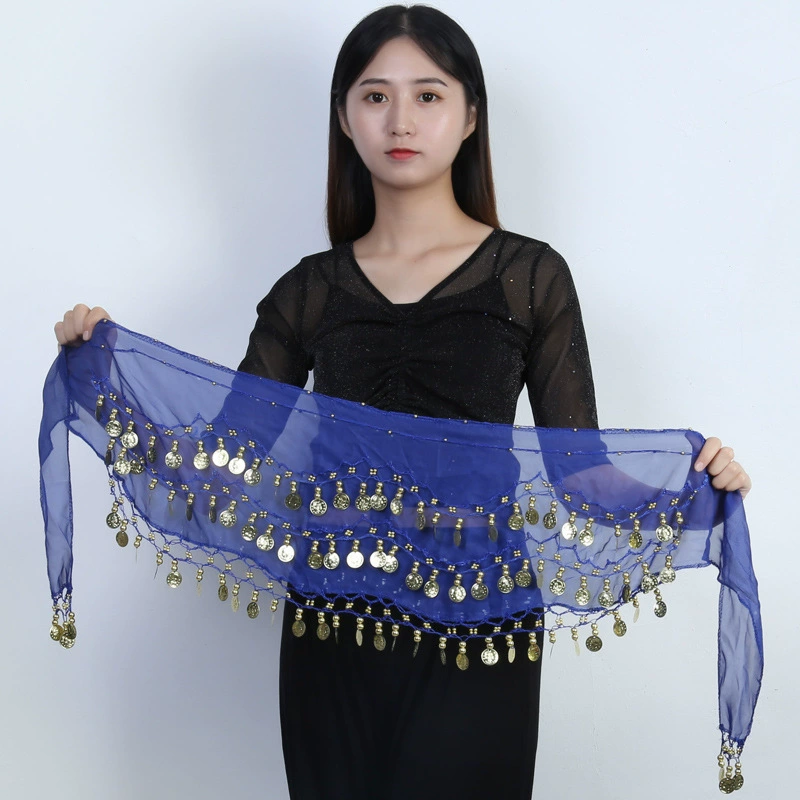 В наличии поставка 98 валюта танец живота поясная цепочка шифоновый трехслойный золотой пояс с монетами индийская Танцевальная практика выступления бедра шарф